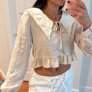 ZARA Women's Cream Long-Sleeve Ruffle Crop Top with Lace Collar - used ONCE